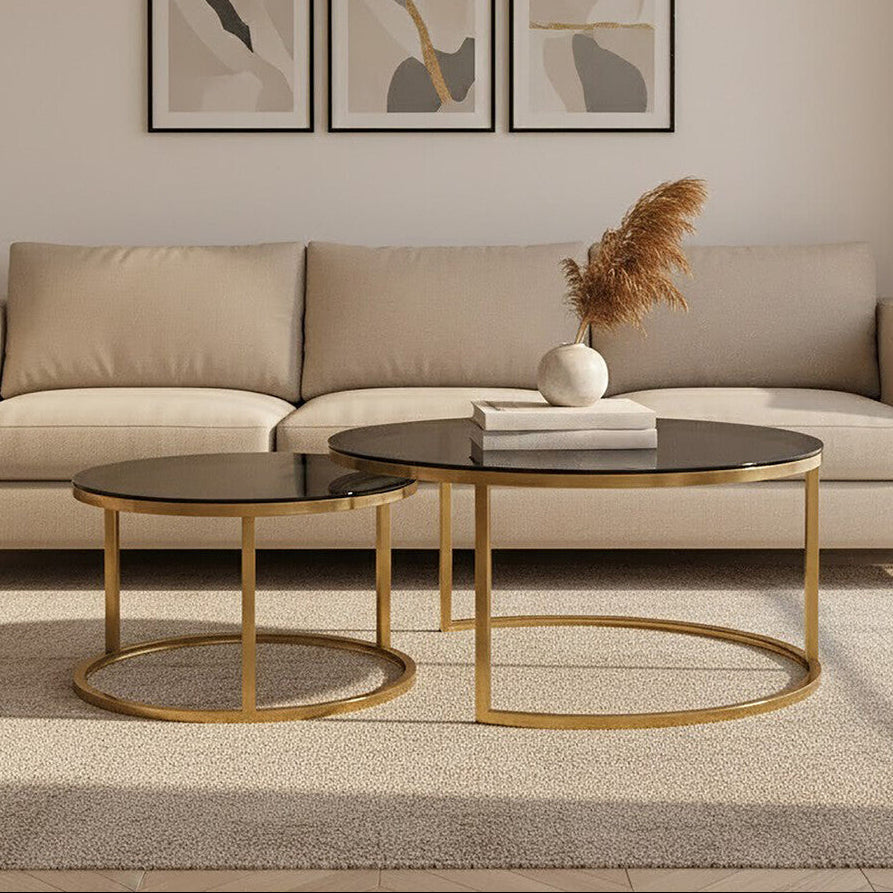 Alana black glass nesting coffee tables, front view