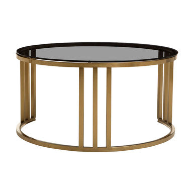 Alana black glass nesting coffee tables gold finish, tabletop detail