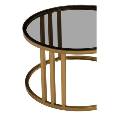 Alana black glass nesting coffee tables gold finish, close up view 1
