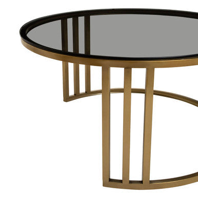 Alana black glass nesting coffee tables gold finish, close up view 2