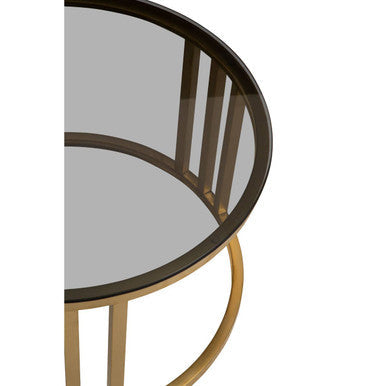 Alana black glass nesting coffee tables gold finish, close up view 3