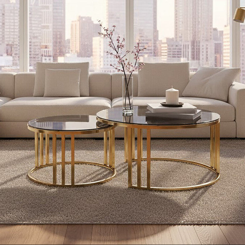 Alana black glass nesting coffee tables gold finish, front view