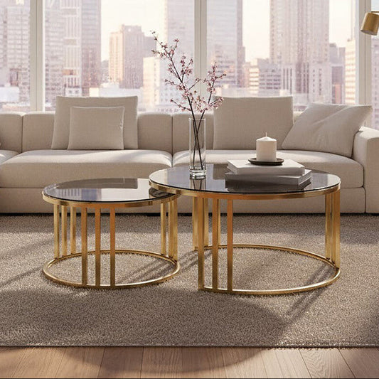 Alana black glass nesting coffee tables gold finish, front view