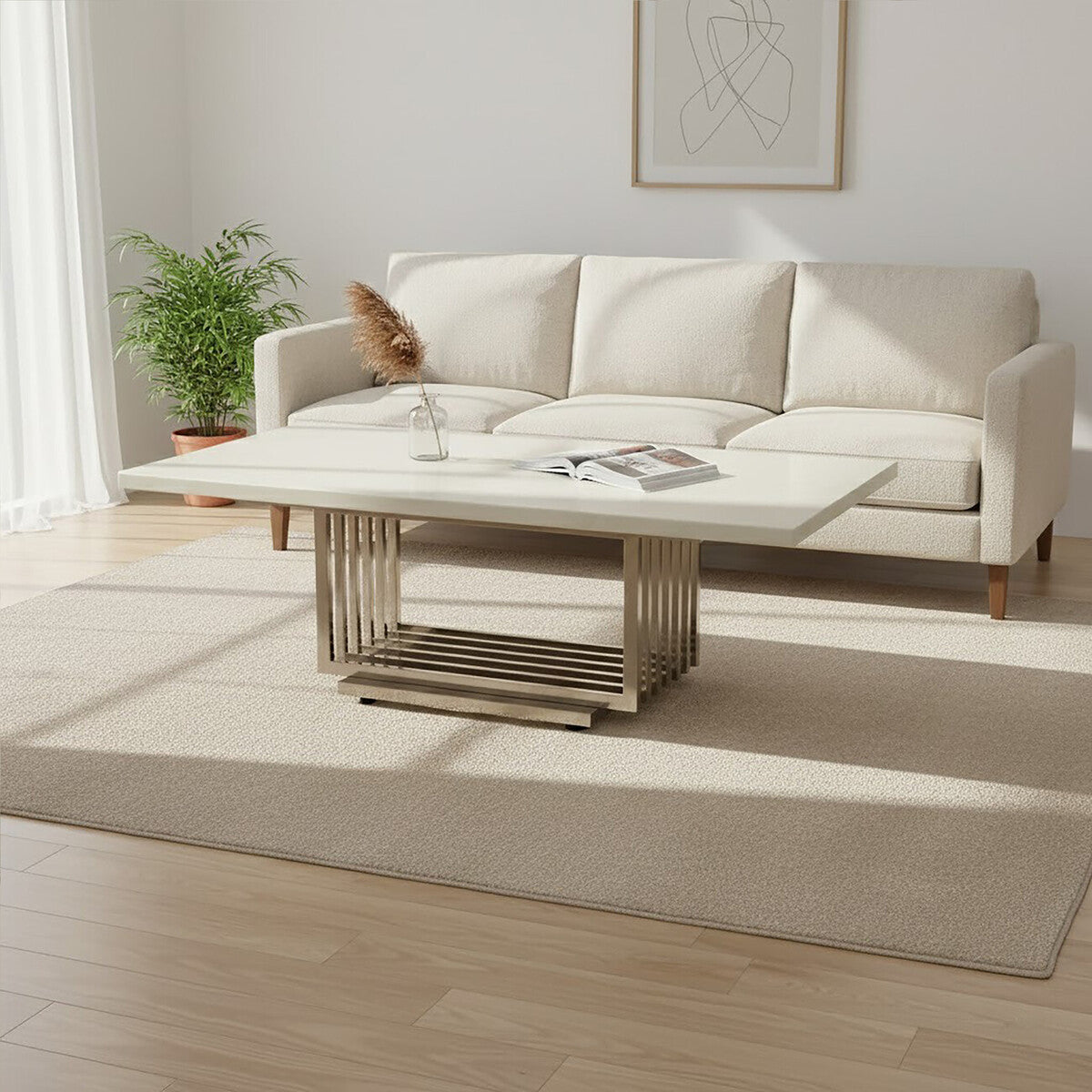 Ivory marble effect coffee table, silver base detail