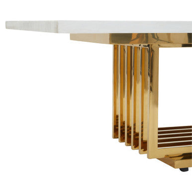 Moda ivory marble effect gold base coffee table, close up view 1