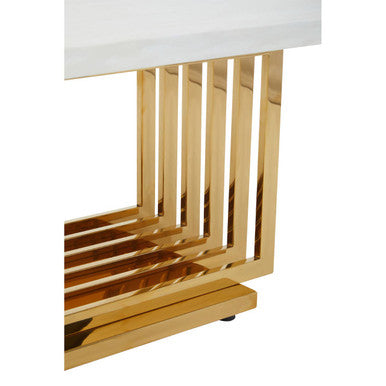 Moda ivory marble effect gold base coffee table, close up view 2