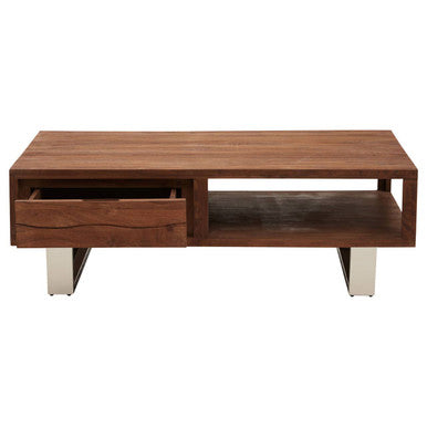 Simla acacia wood coffee table with drawer, tabletop detail