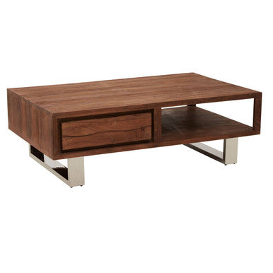 Simla acacia wood coffee table with drawer, side angle