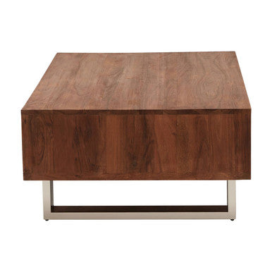 Simla acacia wood coffee table with drawer, shelf detail