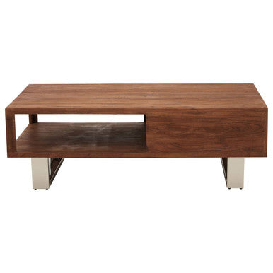 Simla acacia wood coffee table with drawer, close up view
