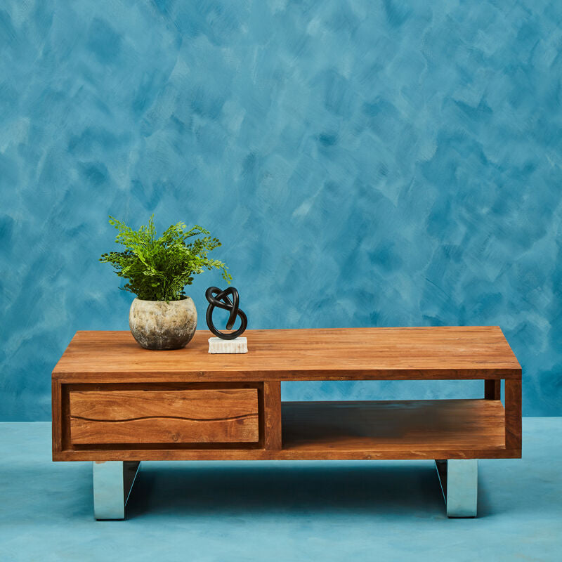 Simla acacia wood coffee table with drawer, living room setting