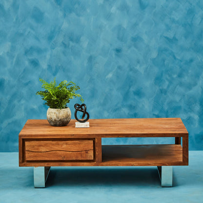 Simla acacia wood coffee table with drawer, living room setting