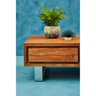 Simla acacia wood coffee table with drawer, styled view 2
