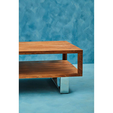 Simla acacia wood coffee table with drawer, styled view 3