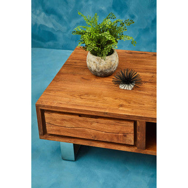 Simla acacia wood coffee table with drawer, styled view 1