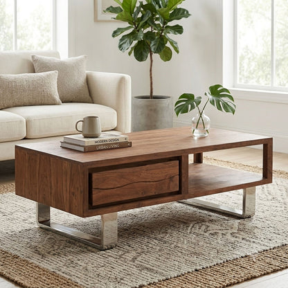 Simla acacia wood coffee table with drawer, front view