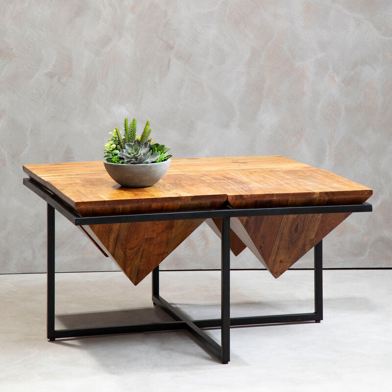 Shimla acacia wood pyramid coffee table in living room setting