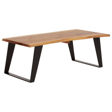Live edge acacia wood coffee table with black iron legs, tabletop detail