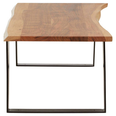Live edge acacia wood coffee table with black iron legs, base detail