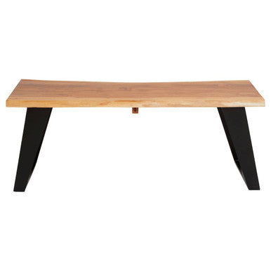 Live edge acacia wood coffee table with black iron legs, side angle