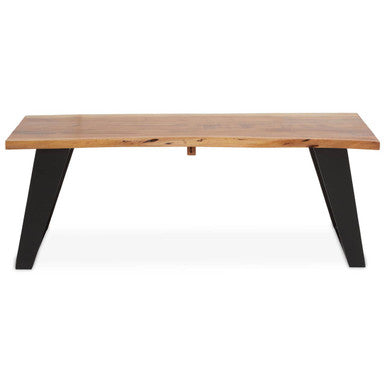 Live edge acacia wood coffee table with black iron legs, additional view