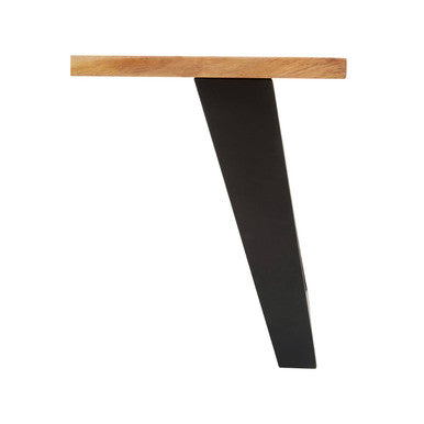 Live edge acacia wood coffee table with black iron legs, close up view 1