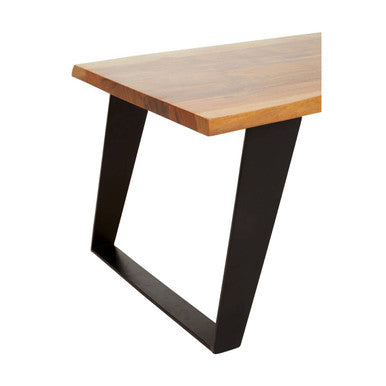 Live edge acacia wood coffee table with black iron legs, close up view 2