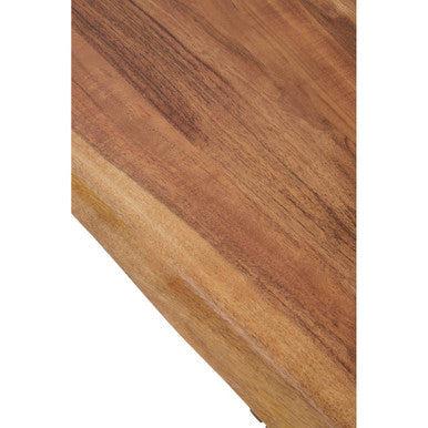 Live edge acacia wood coffee table with black iron legs, close up view 3