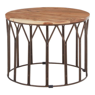 Boho acacia wood round coffee table, tabletop detail