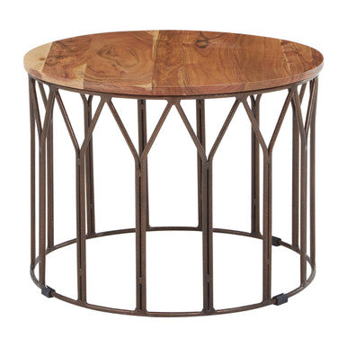 Boho acacia wood round coffee table, side angle