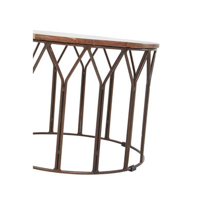 Boho acacia wood round coffee table, styled view 1