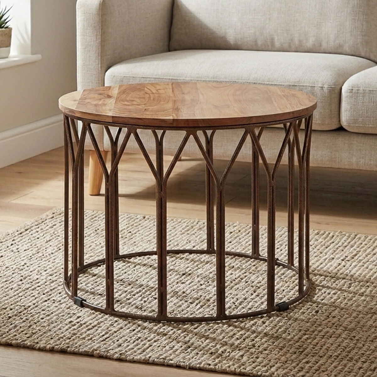 Boho acacia wood round coffee table, front view