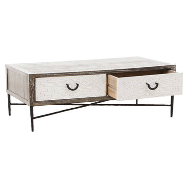 Milan grey wash elm wood 2 drawer coffee table, tabletop detail