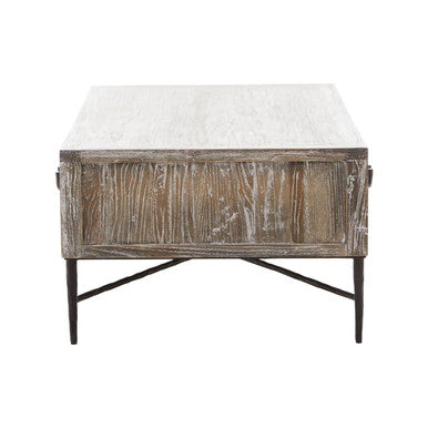 Milan grey wash elm wood 2 drawer coffee table, close up view 1