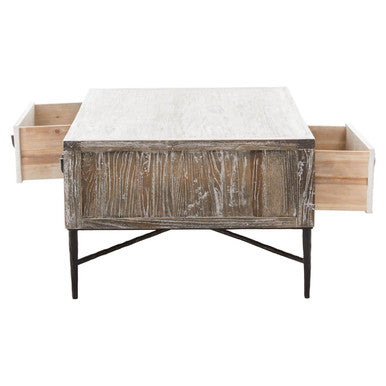 Milan grey wash elm wood 2 drawer coffee table, close up view 2