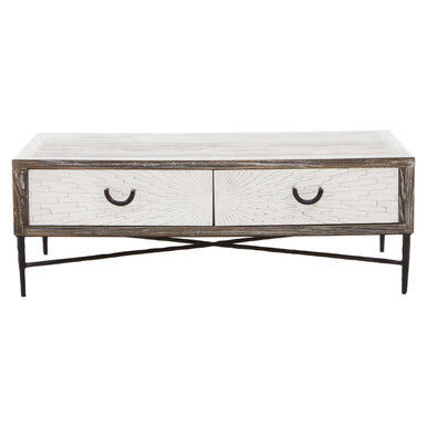 Milan grey wash elm wood 2 drawer coffee table, side angle