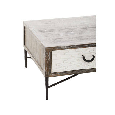Milan grey wash elm wood 2 drawer coffee table, styled view 1