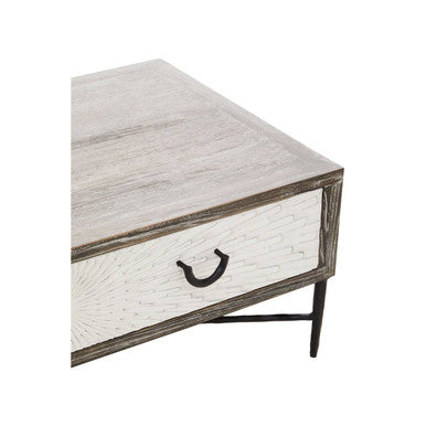 Milan grey wash elm wood 2 drawer coffee table, styled view 2