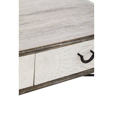 Milan grey wash elm wood 2 drawer coffee table, styled view 3