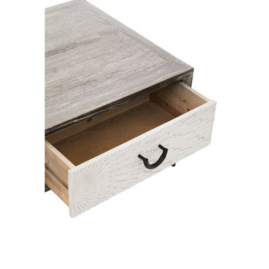 Milan grey wash elm wood 2 drawer coffee table, styled view 4