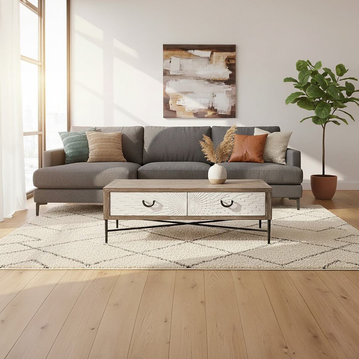 Milan grey wash elm wood 2 drawer coffee table, styled living room