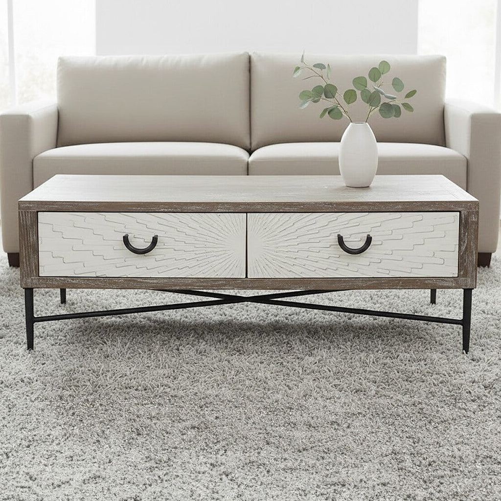 Milan grey wash elm wood 2 drawer coffee table, front view