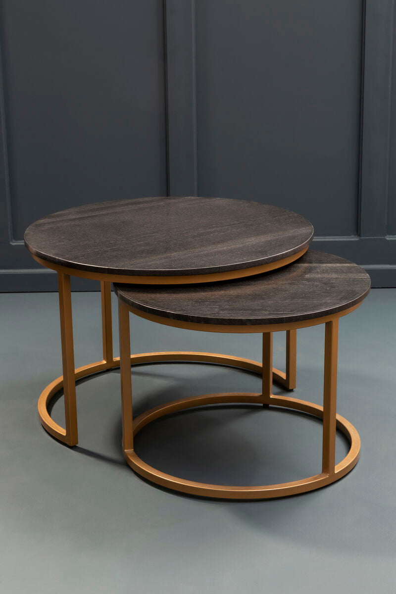 Varana black marble and gold nesting coffee tables, styled living room 2
