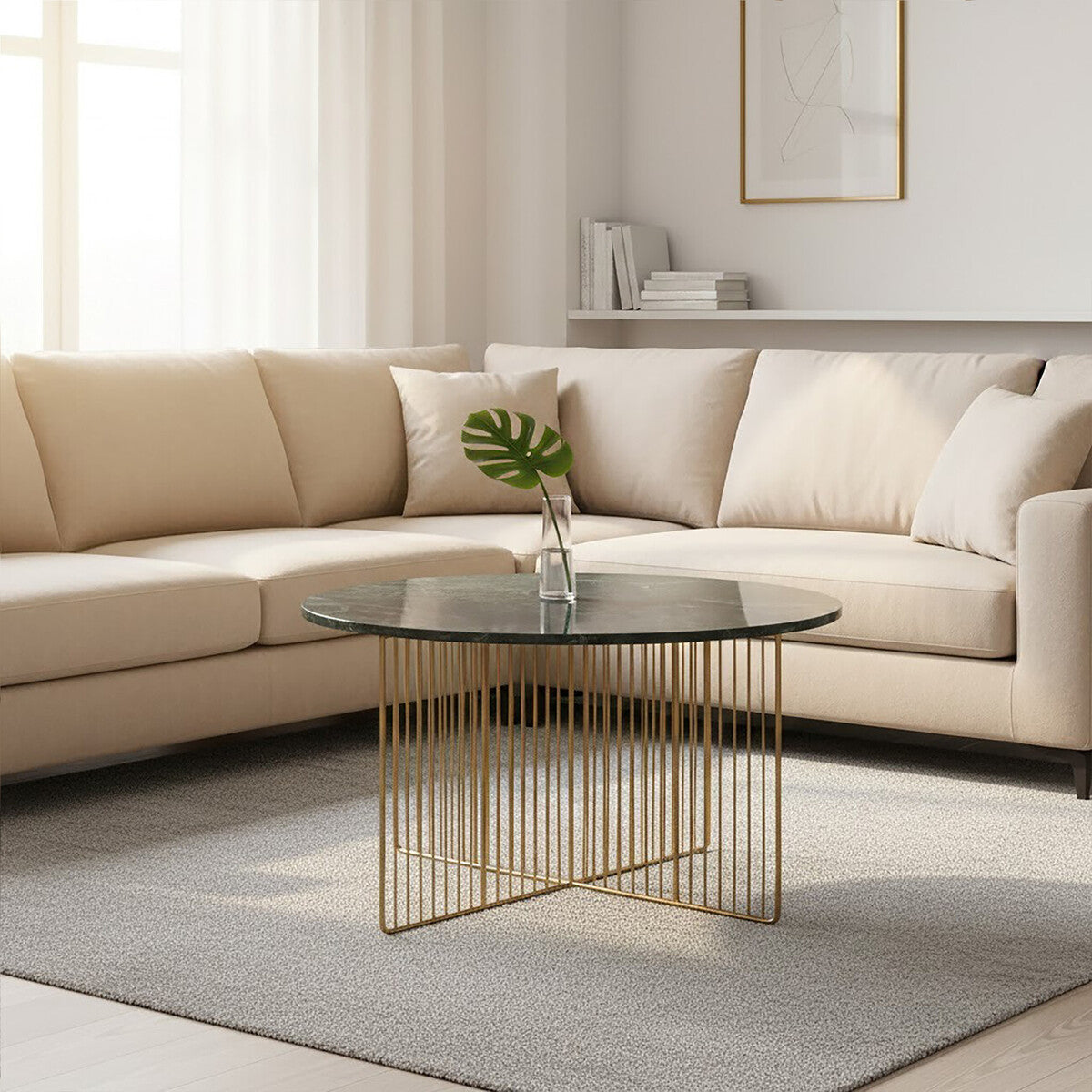 Nirav green marble and gold coffee table, styled living room