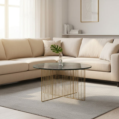 Nirav green marble and gold coffee table, styled living room