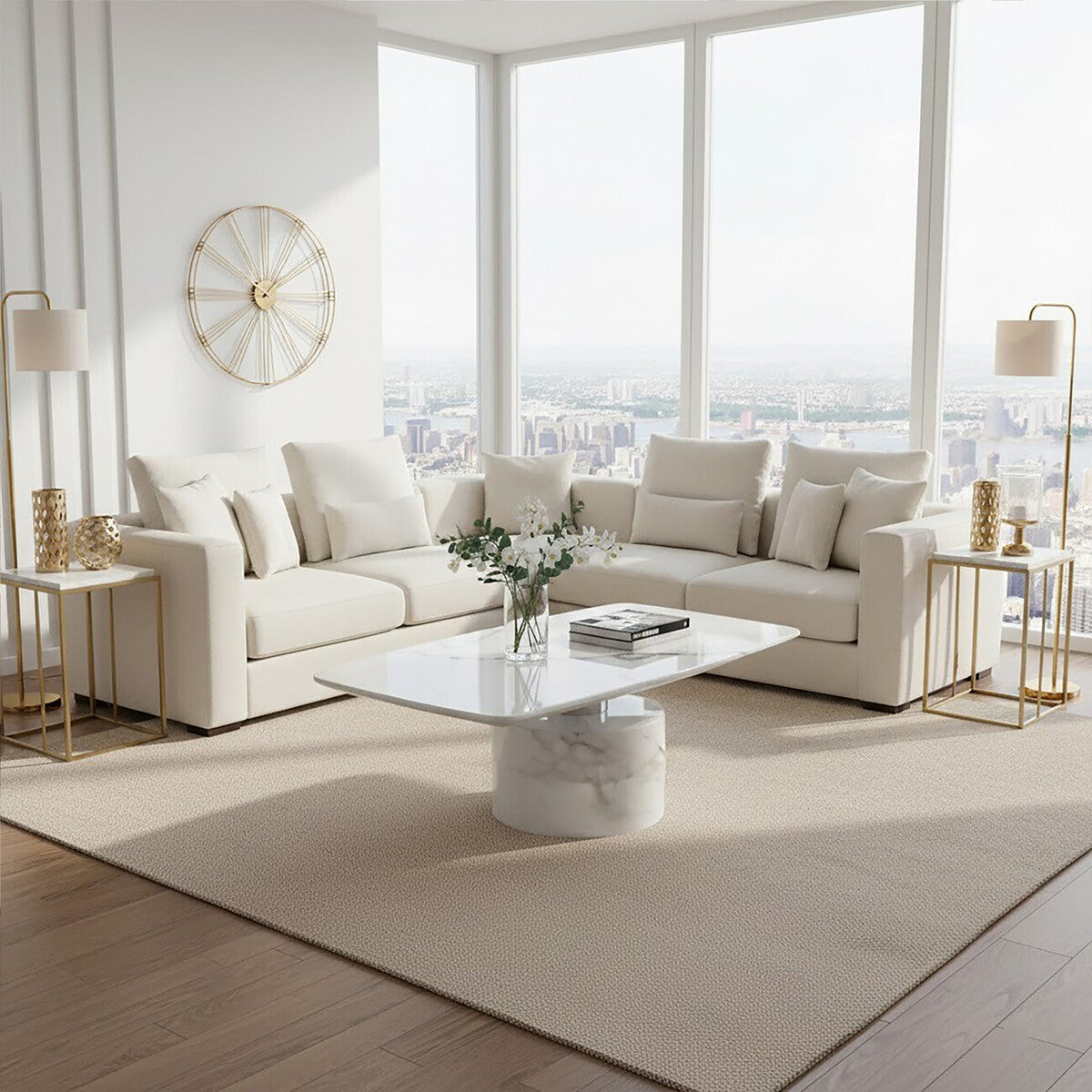 Sesto white marble coffee table, styled living room