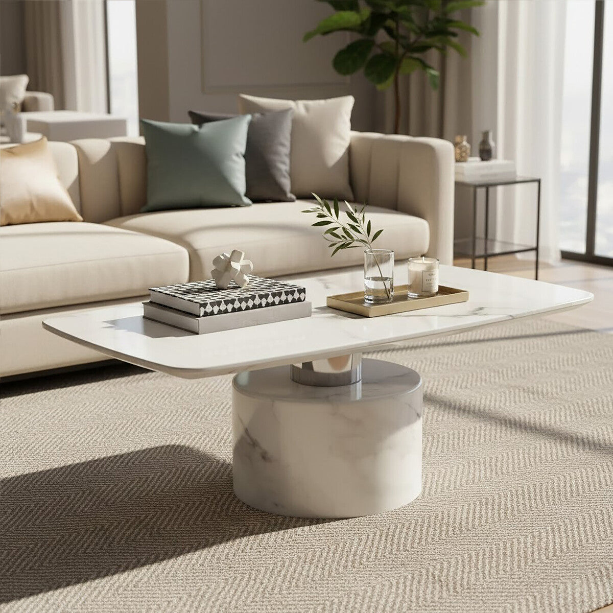 Sesto white marble coffee table, front view