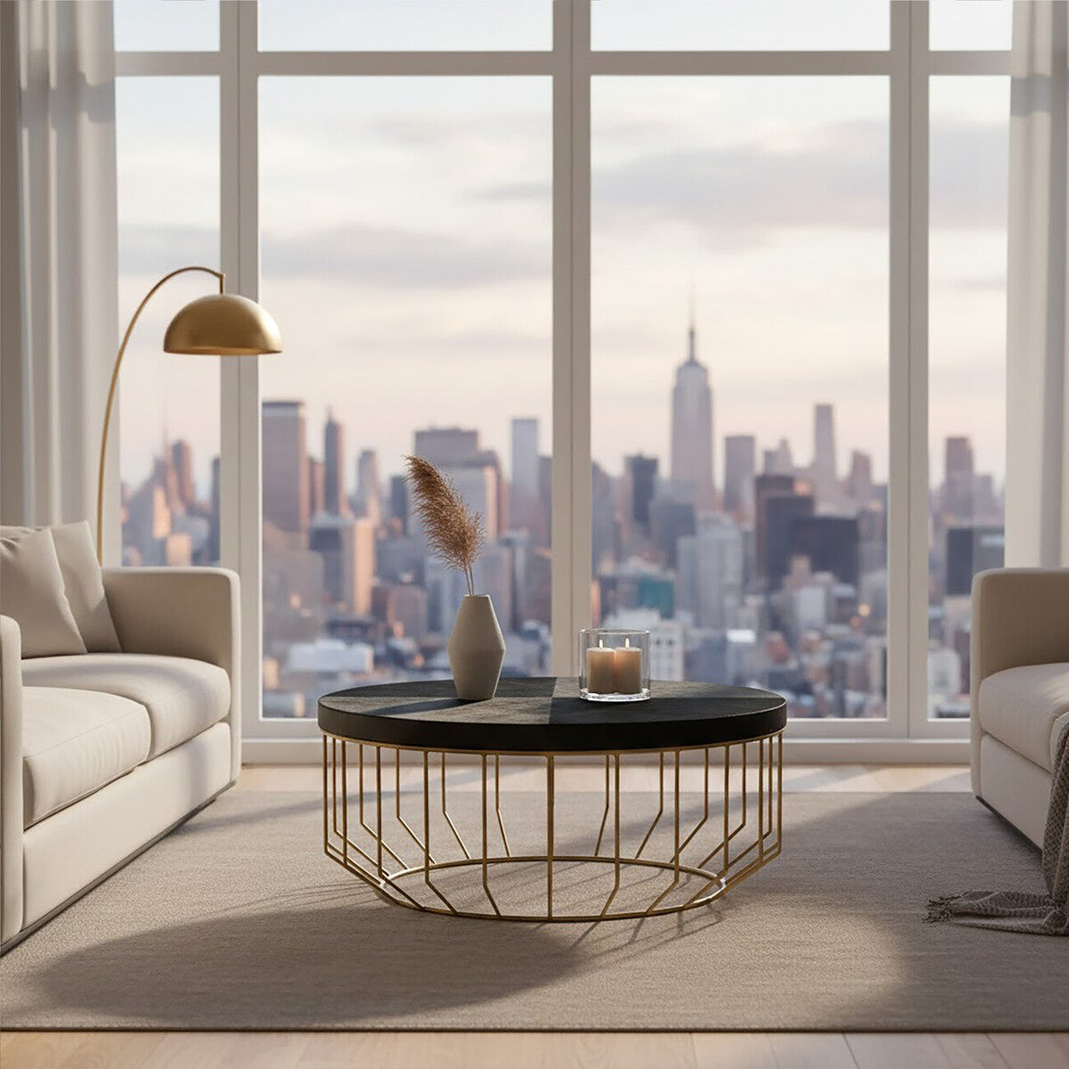 Kensington Townhouse black hair on hide coffee table, styled living room