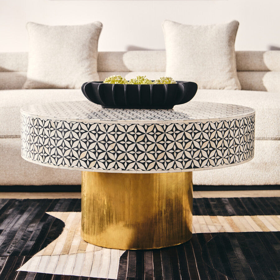 Fusion bone inlay round coffee table, living room setting