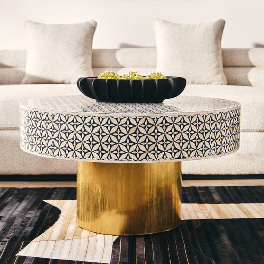 Fusion bone inlay round coffee table, living room setting